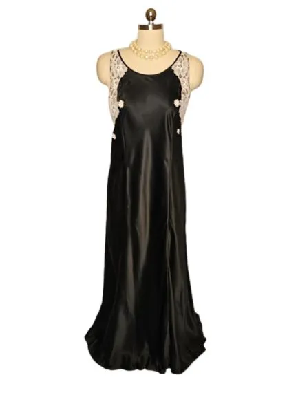 *  VINTAGE JUDITH HART BLACK SATIN SHEER ILLUSION BACK NIGHTGOWN