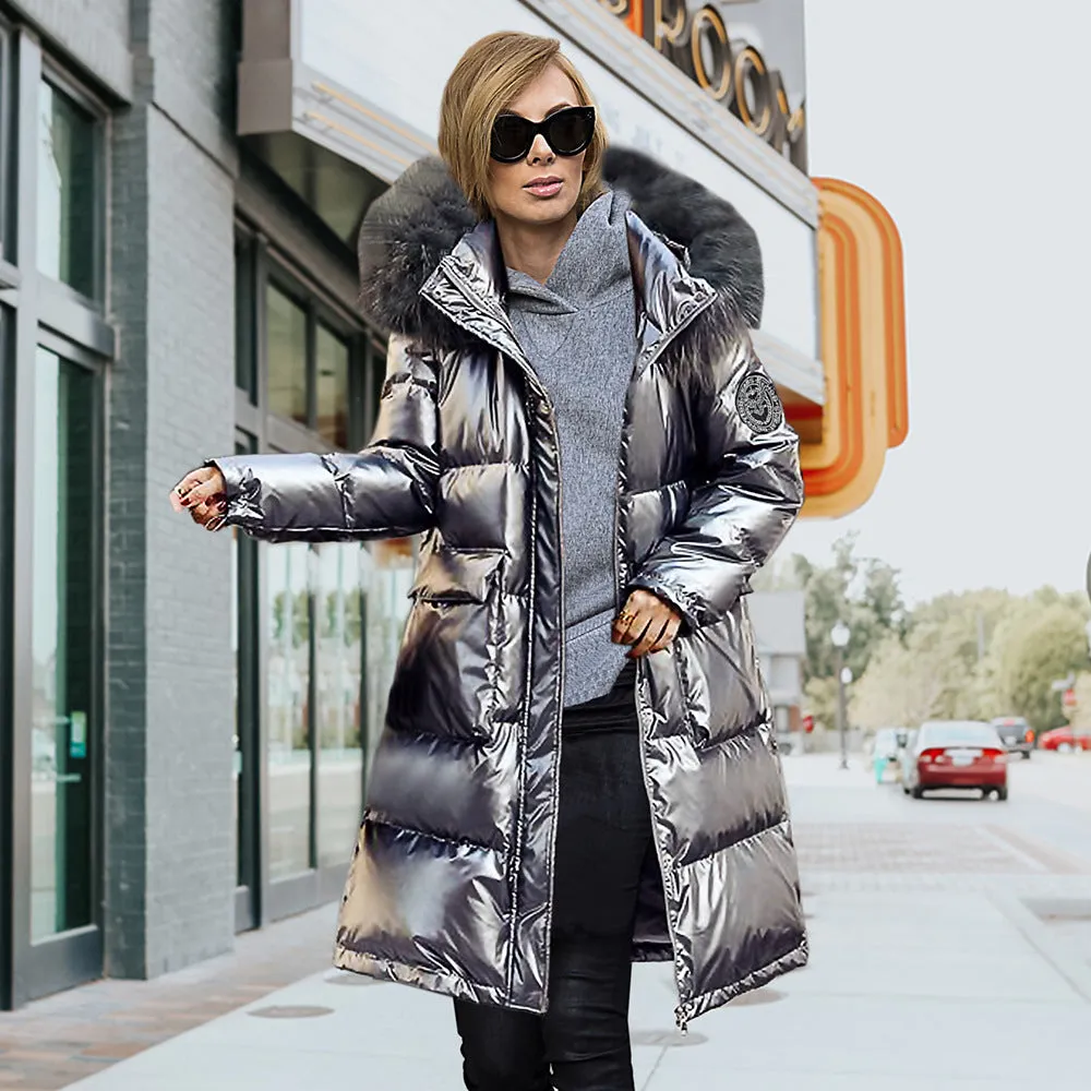 10908-SW40 winter solid color thicken hooded fur slim down jacket long stylish casual loose women sehe fashion