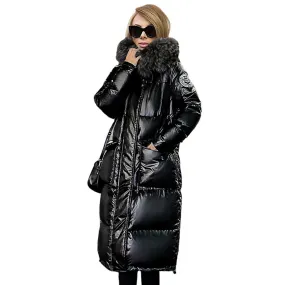 10908-SW40 winter solid color thicken hooded fur slim down jacket long stylish casual loose women sehe fashion