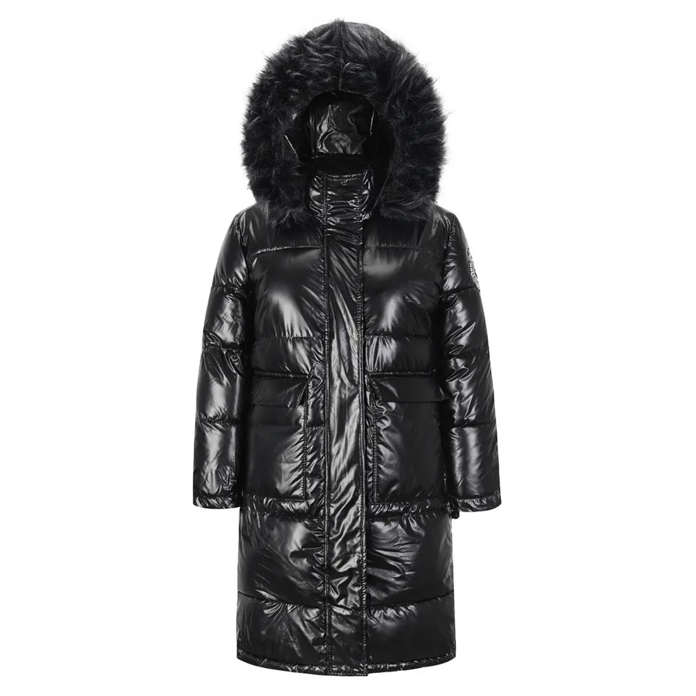 10908-SW40 winter solid color thicken hooded fur slim down jacket long stylish casual loose women sehe fashion