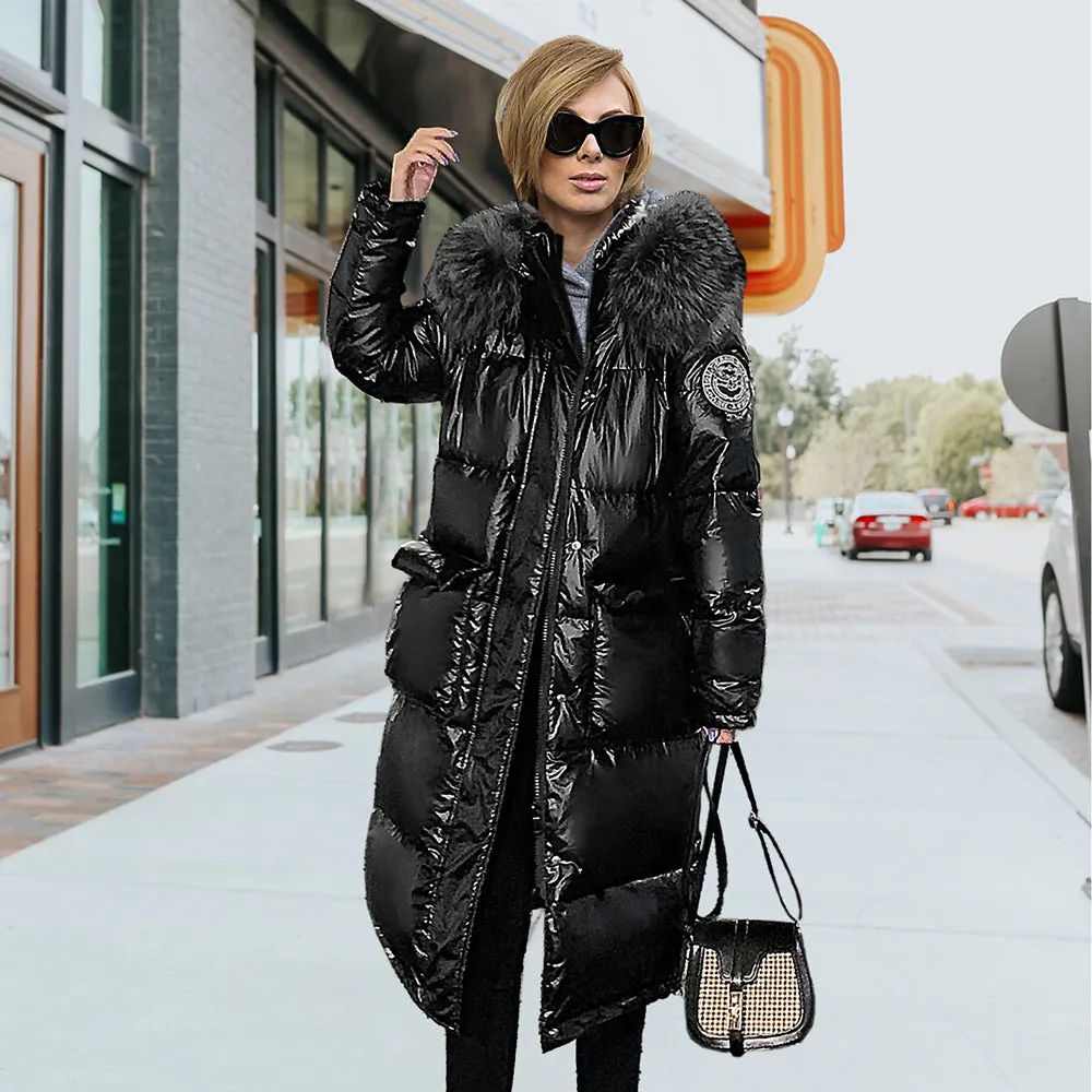 10908-SW40 winter solid color thicken hooded fur slim down jacket long stylish casual loose women sehe fashion