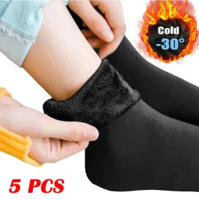 5Pairs/Lot Winter Warm Solid Women Socks Thicken Thermal Socks Wool Cashmere Black Skin Seamless Snow Sock Velvet Unisex Socks