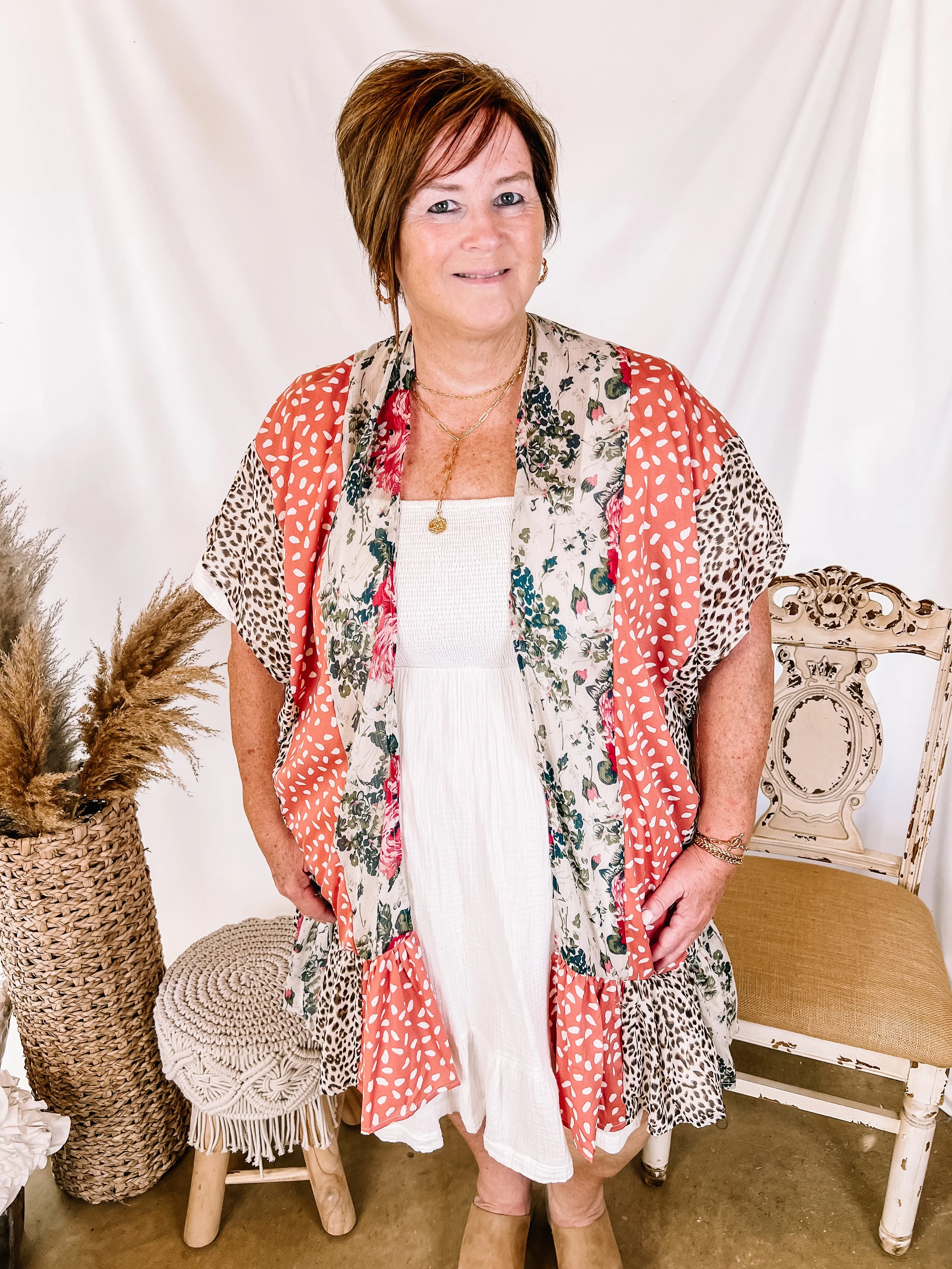 Above It All Mixed Animal and Floral Print Kimono with Ruffle Hem in Ivory and Salmon