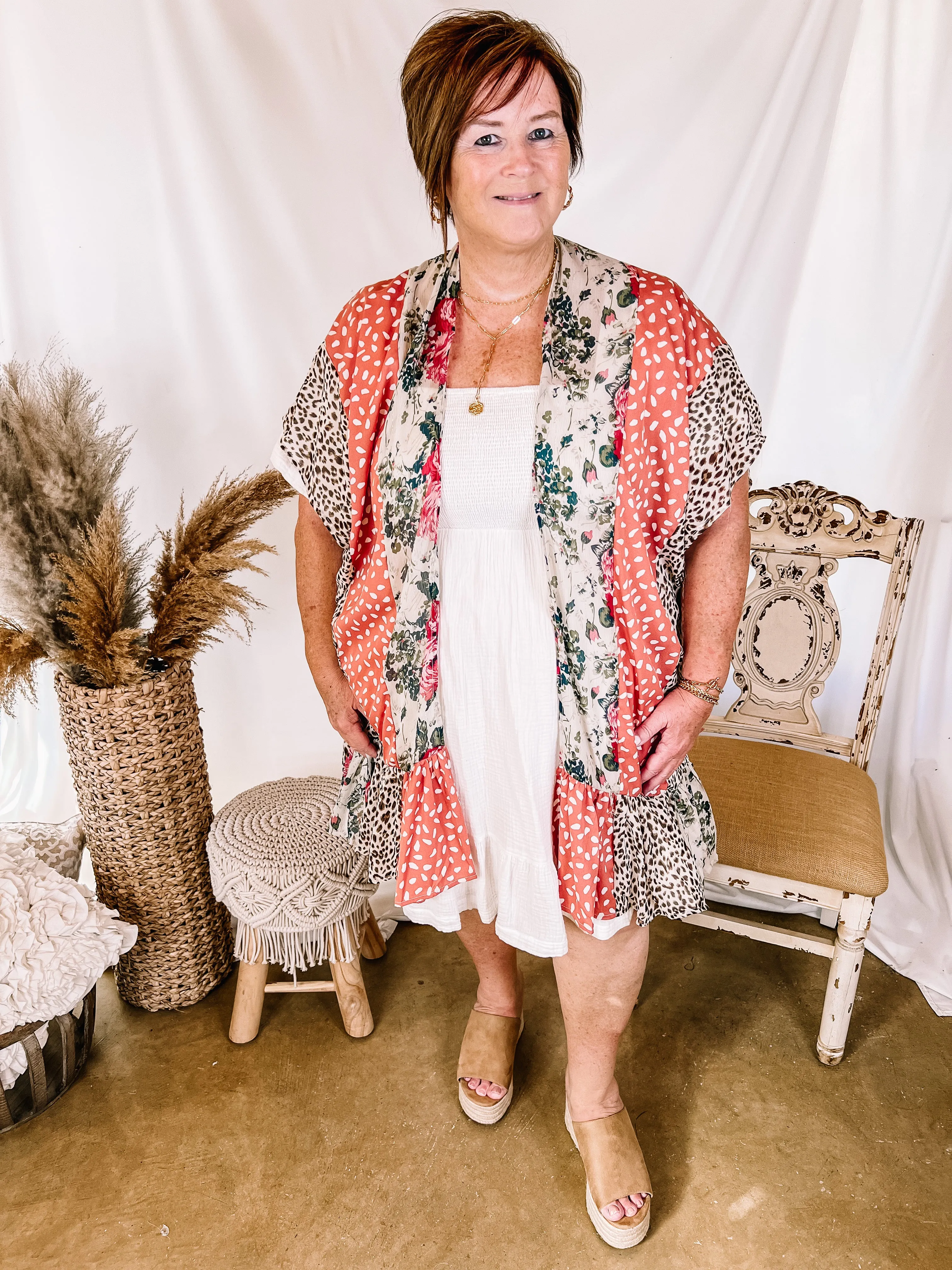 Above It All Mixed Animal and Floral Print Kimono with Ruffle Hem in Ivory and Salmon