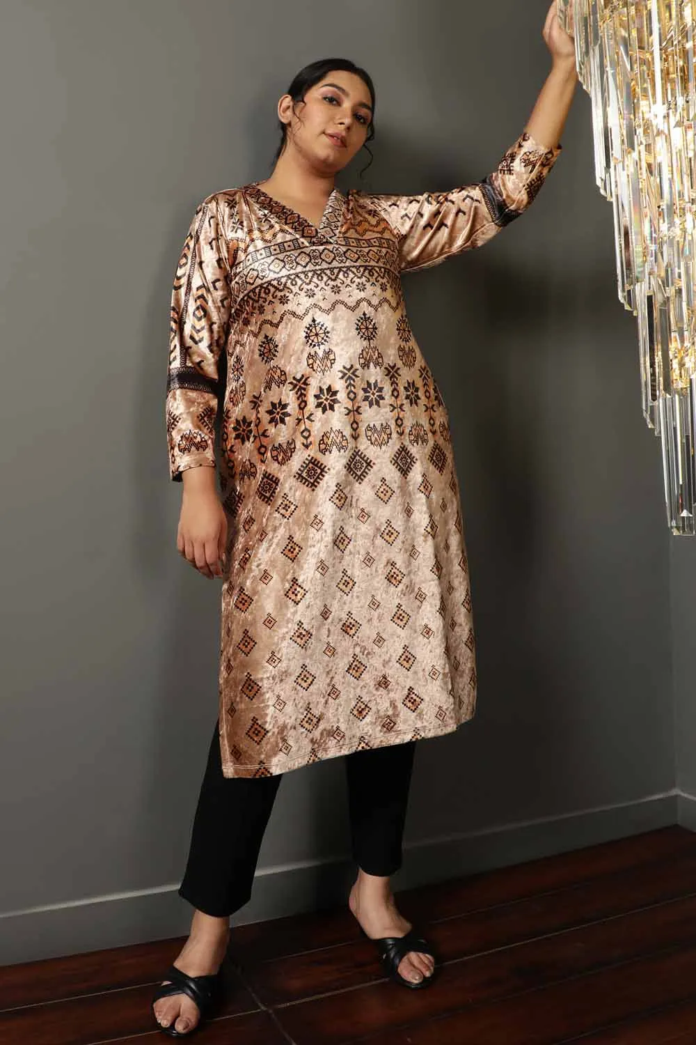 Beige Printed V Neck Velvet Kurta