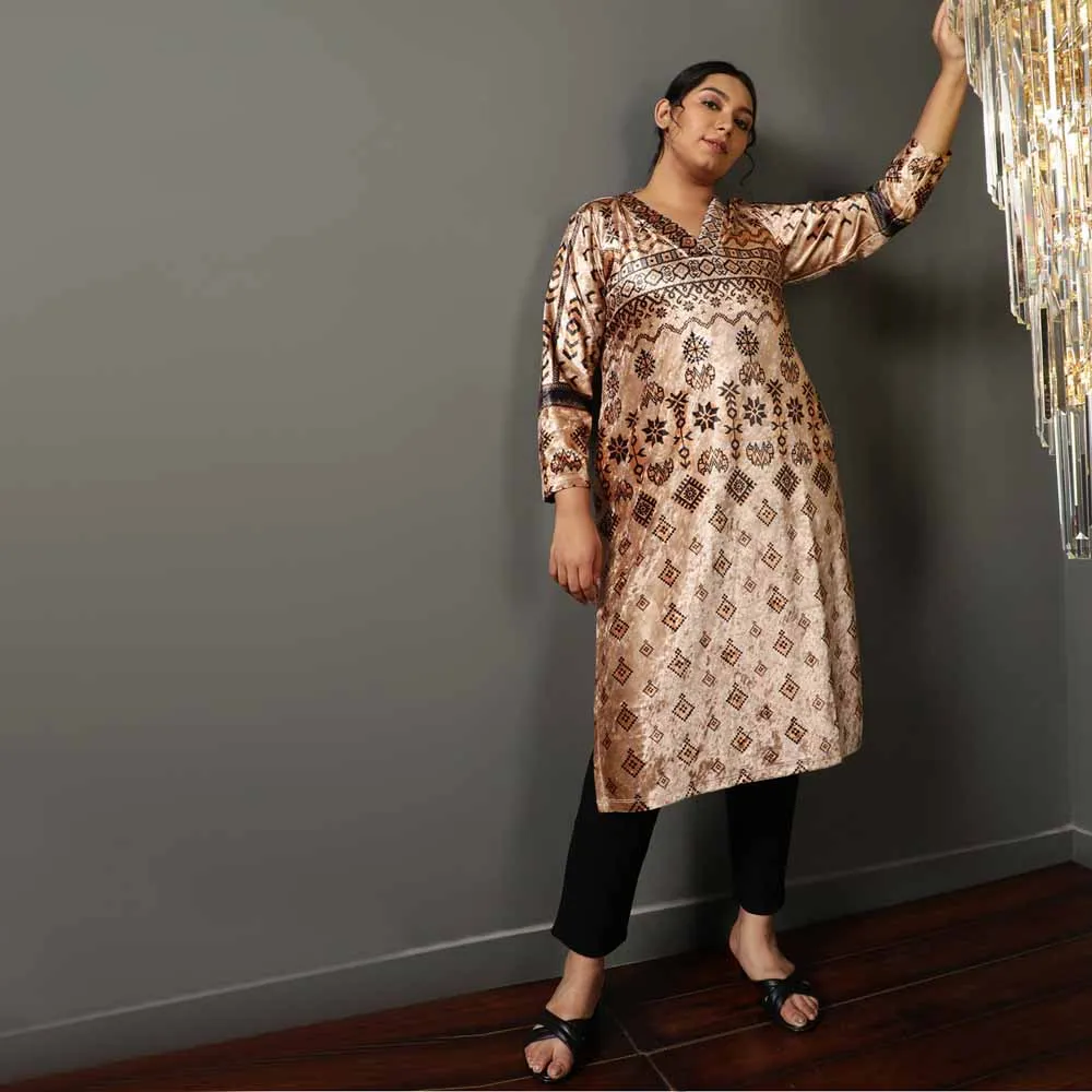 Beige Printed V Neck Velvet Kurta