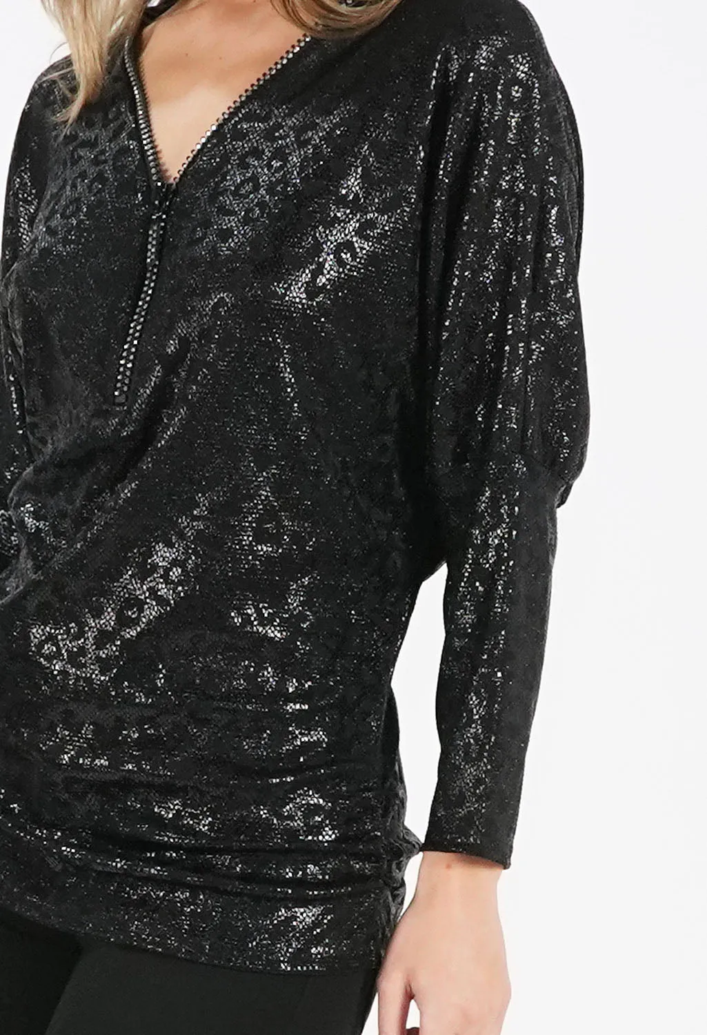 Black Animal Print Adjustable Zip Neck Top