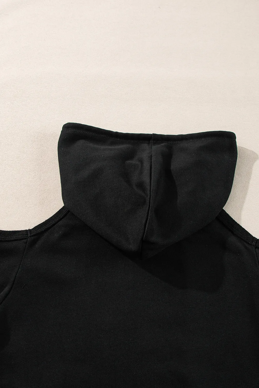 Black Exposed Seam Cold Shoulder Drawstring Hoodie