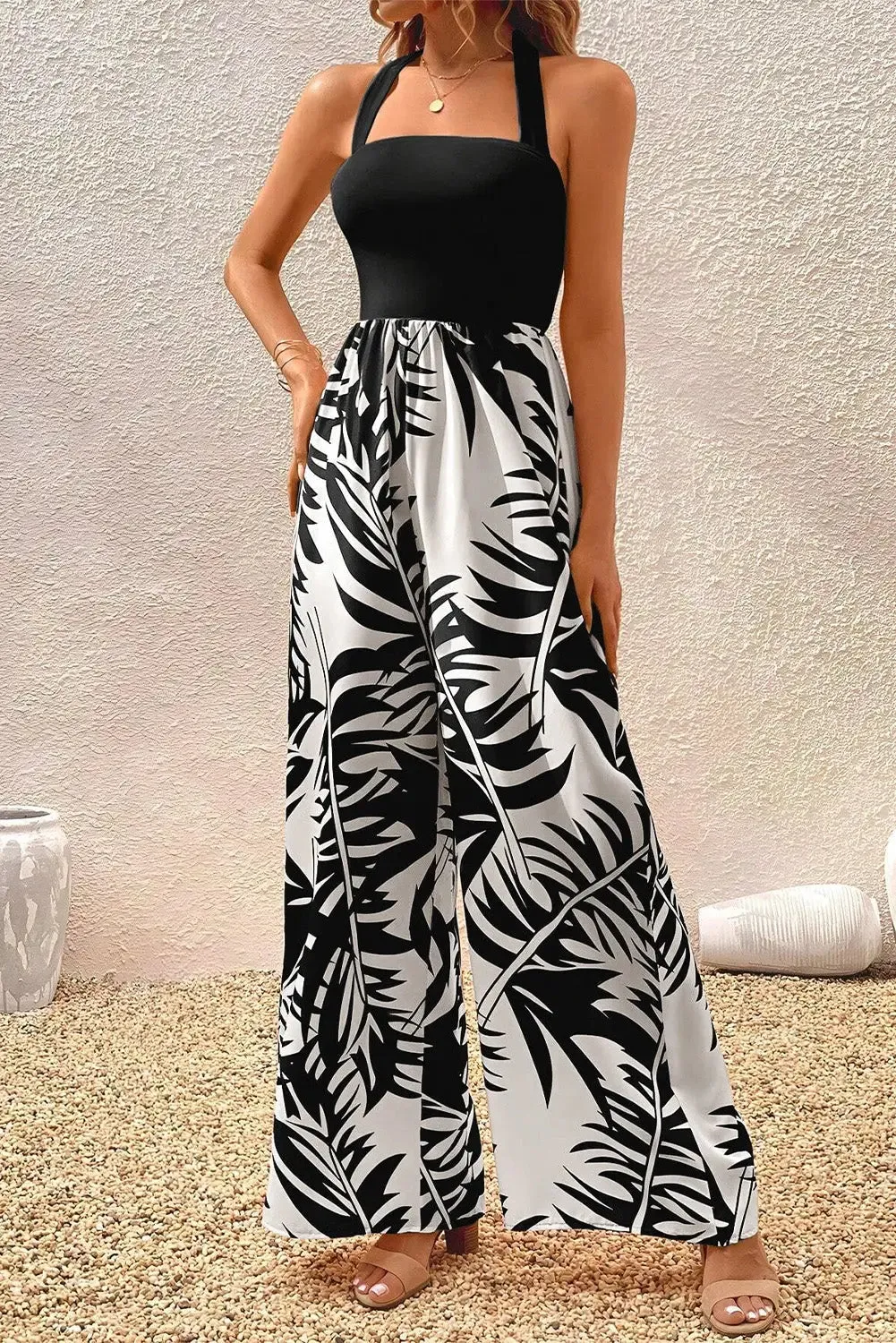 Black Halter Tropical Wide Leg Jumpsuit