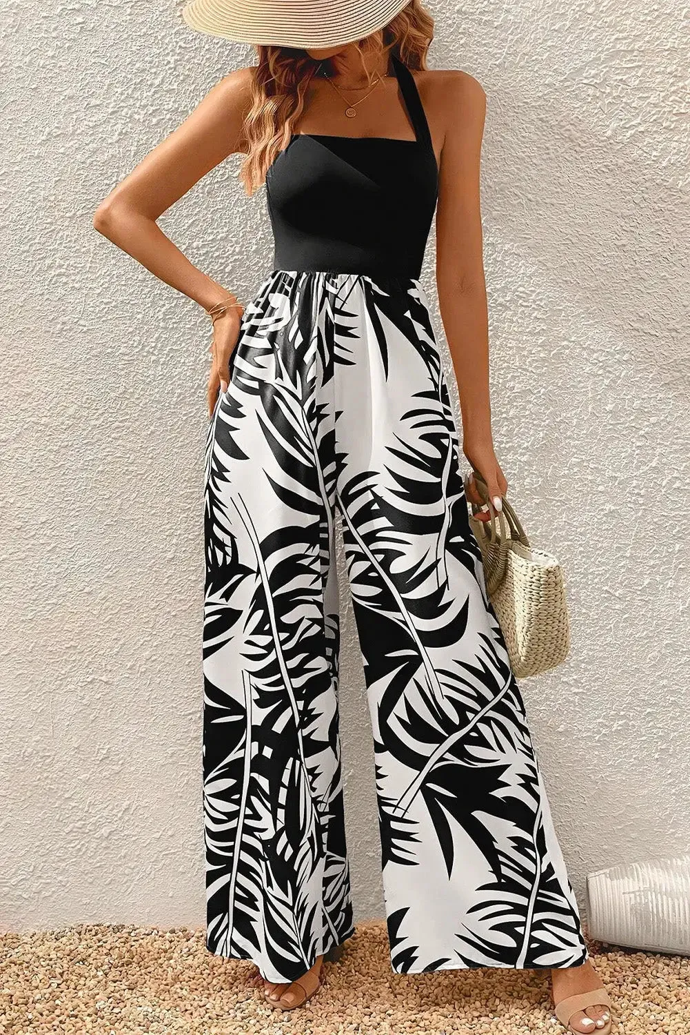 Black Halter Tropical Wide Leg Jumpsuit