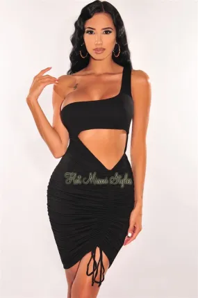 Black One Shoulder Cut Out Ruched Dress