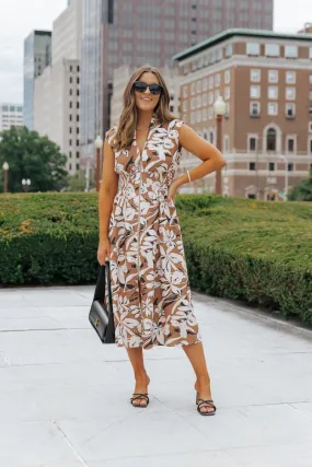 Brown Floral Zip Up Midi Dress