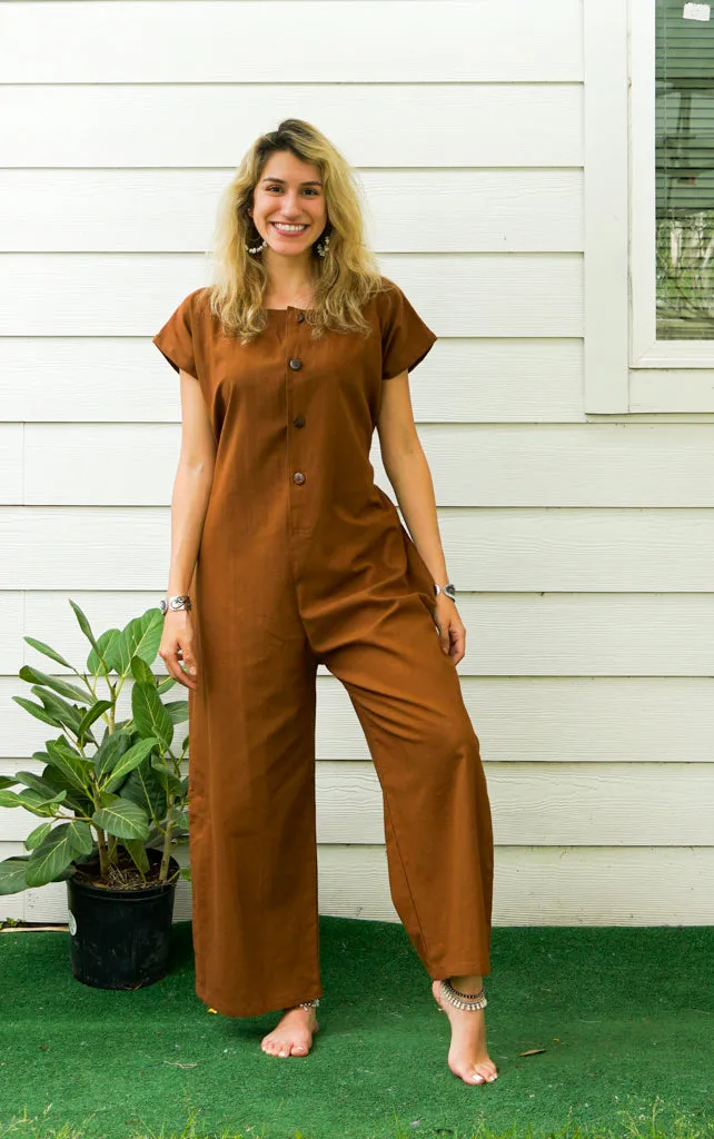 Brown Natural Cotton Jumpsuits with Pockets