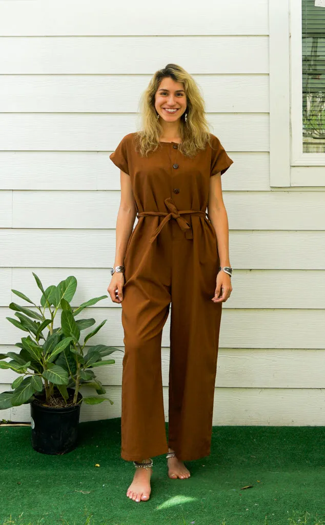 Brown Natural Cotton Jumpsuits with Pockets