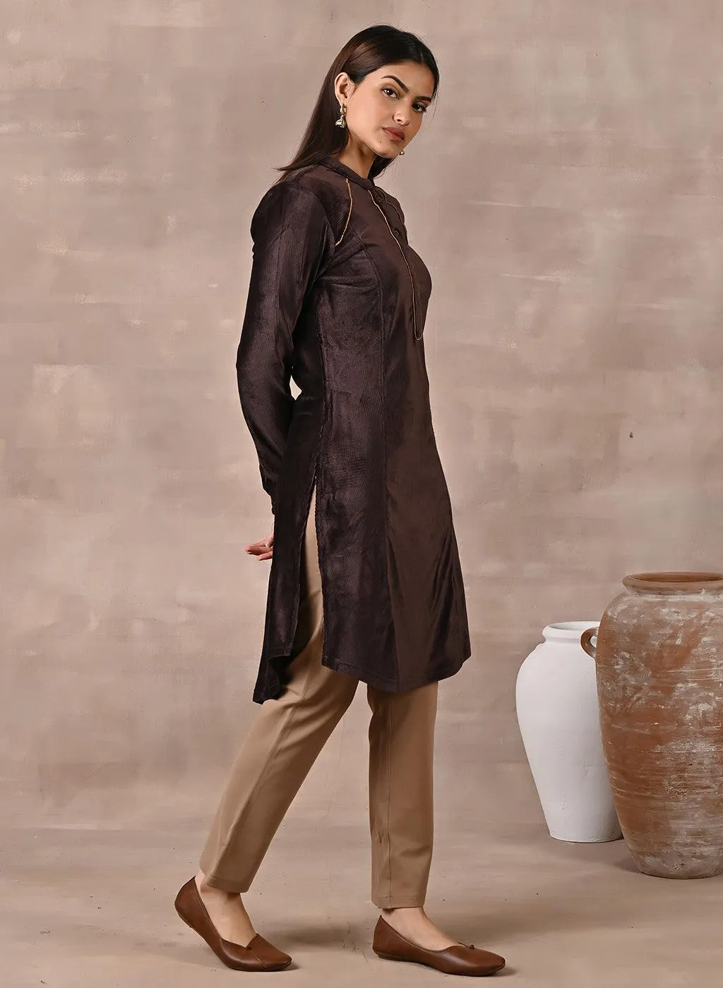 Brown Princess Cut Solid Kurta with Gathered Sleeves