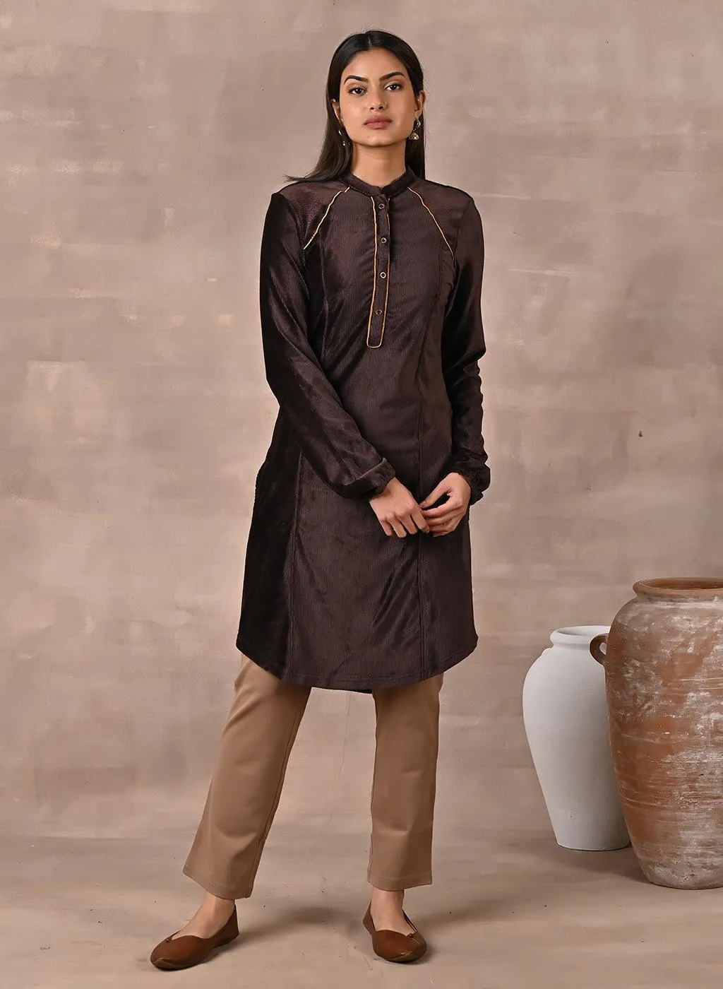 Brown Princess Cut Solid Kurta with Gathered Sleeves