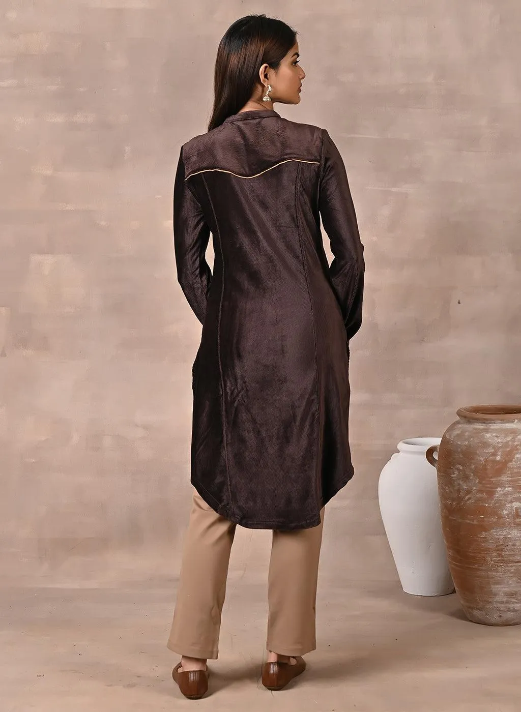 Brown Princess Cut Solid Kurta with Gathered Sleeves