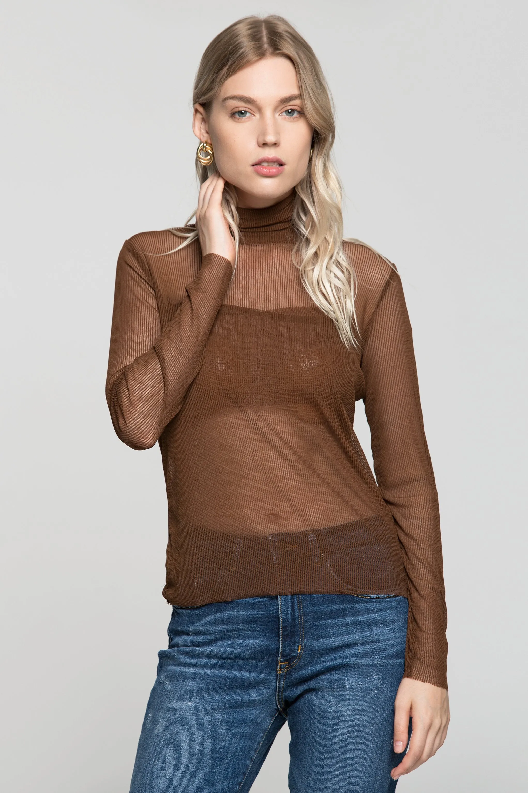 Brown Sheer Turtle Neck Ribbed Top