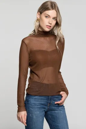 Brown Sheer Turtle Neck Ribbed Top