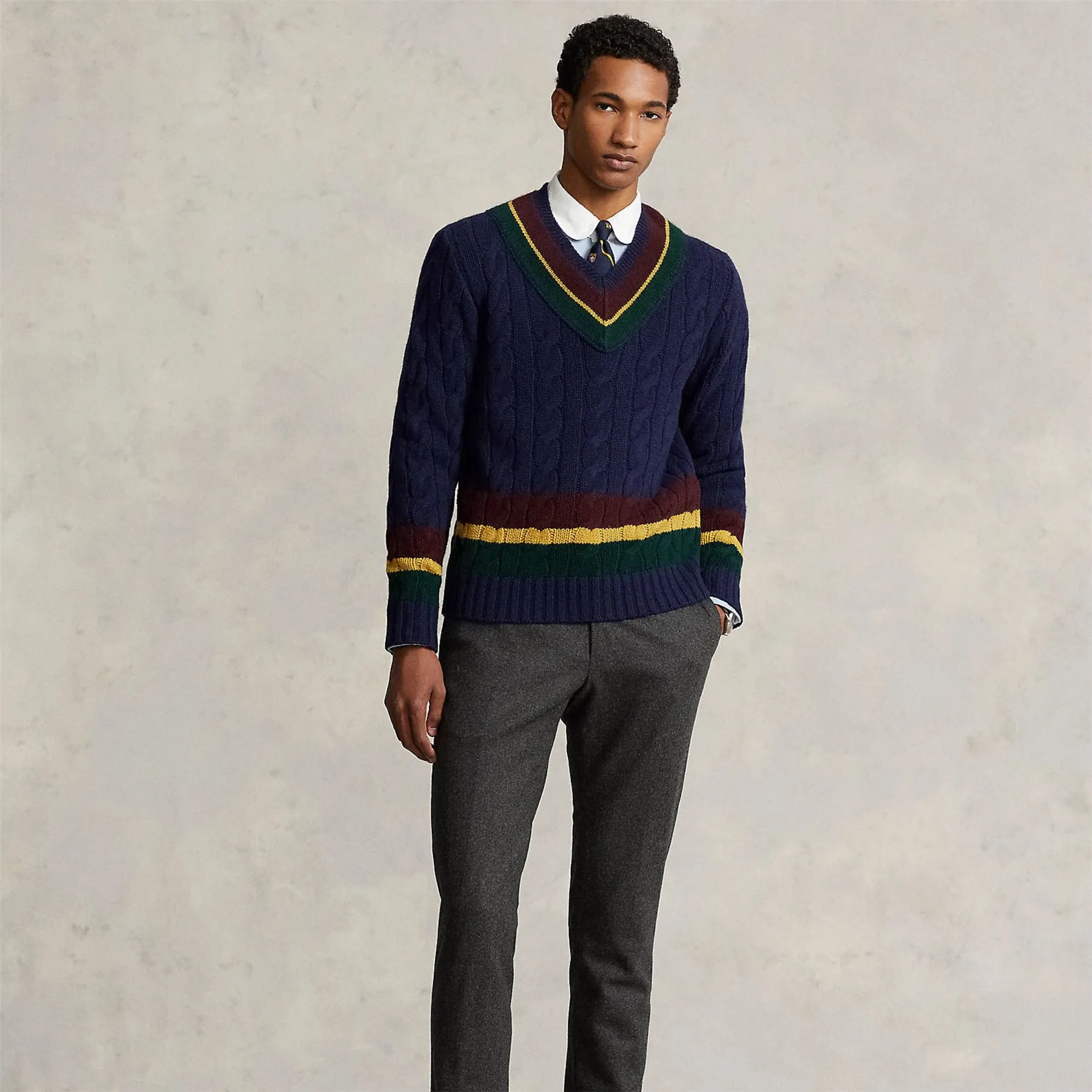 Cable Knit Wool-Cashmere Cricket Sweater Navy Combo - AW23