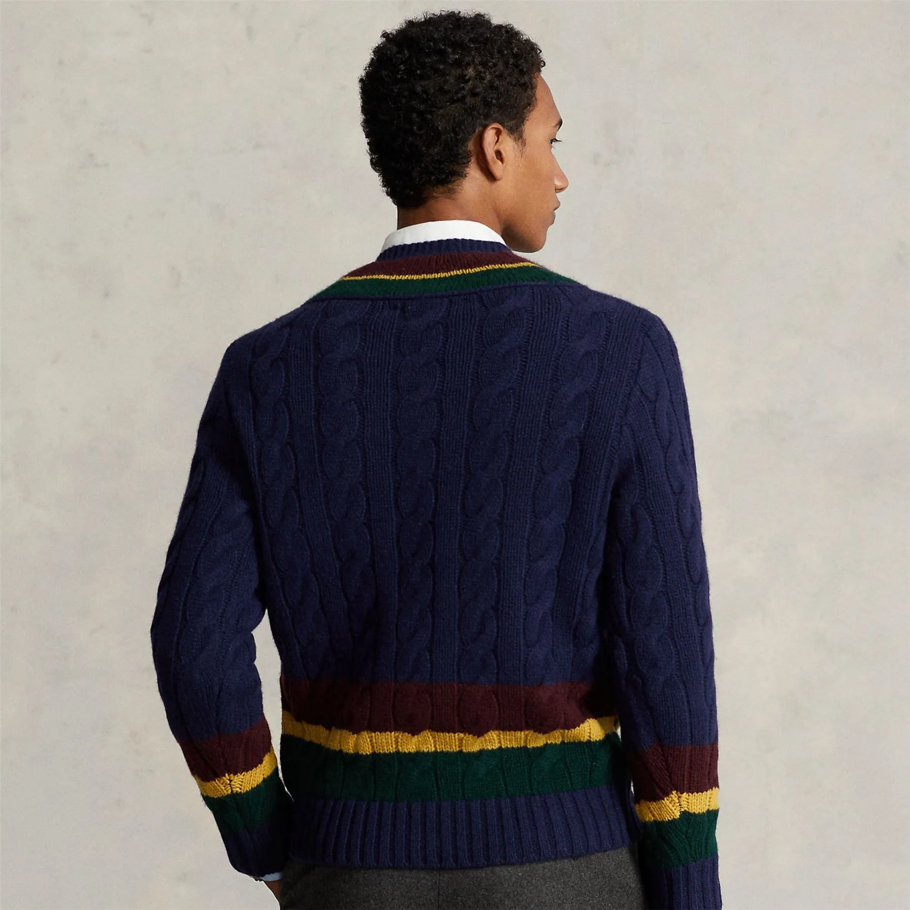 Cable Knit Wool-Cashmere Cricket Sweater Navy Combo - AW23