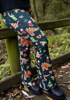 Children's Green Gingerbread Dinosaur Print Flare Leggings