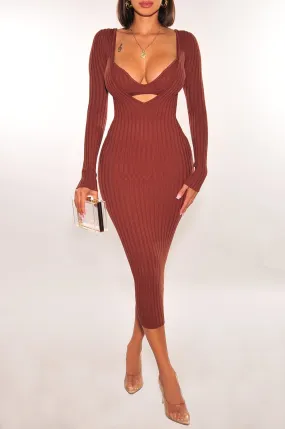 Chocolate Ribbed Knit Plunge Neck Long Sleeve Midi Dress   Bralette