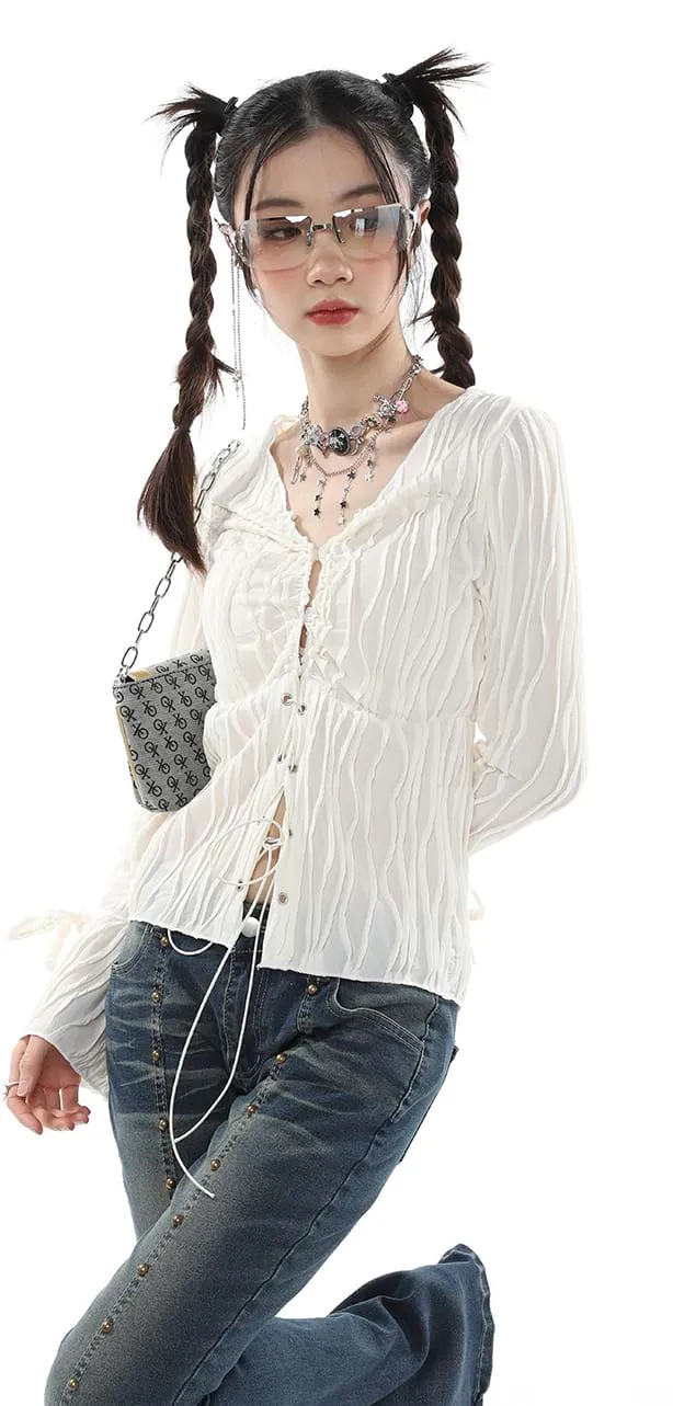 Crimped Drawstring Long Sleeve Top