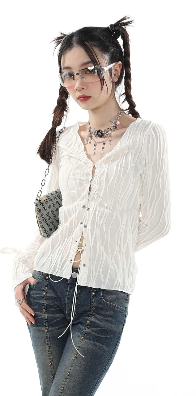 Crimped Drawstring Long Sleeve Top