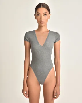 Dani V Neck Ribbed Body Suit in Heather Grey