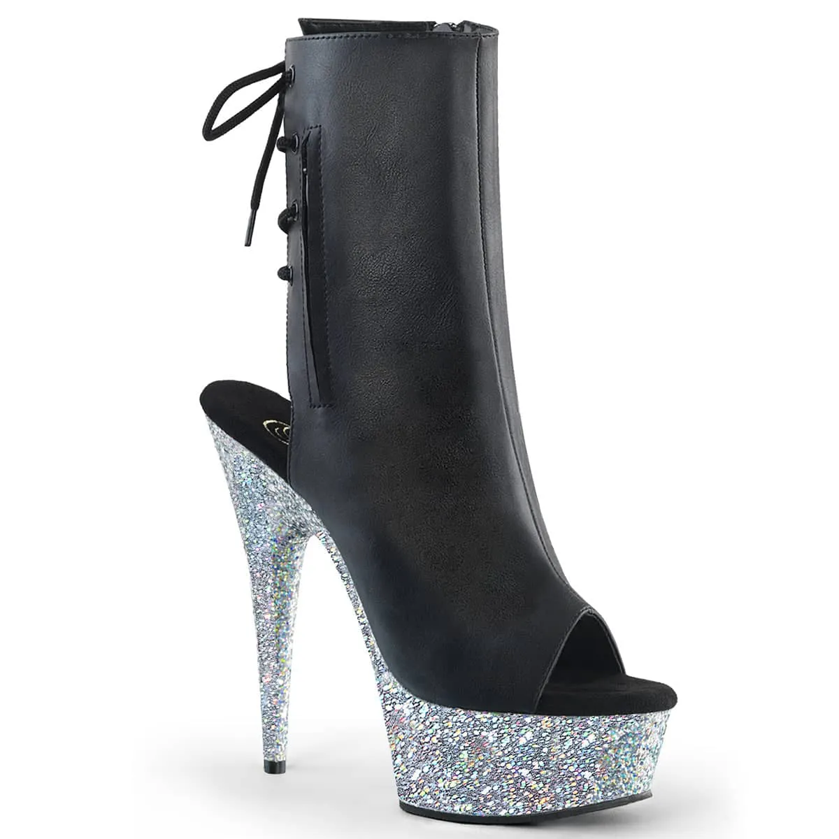 DELIGHT-1018LG Black & Silver Calf High Peep Toe Boots