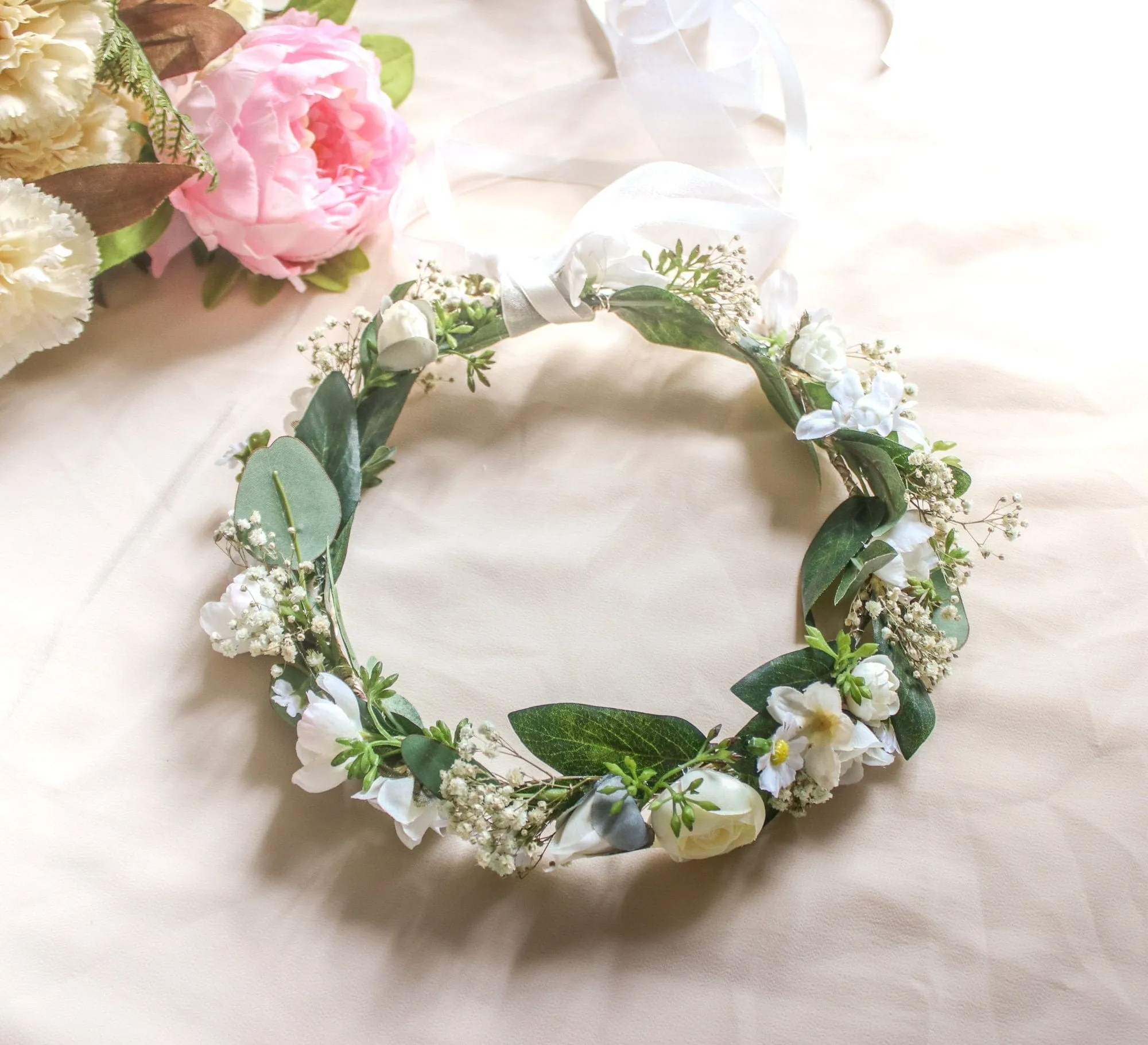 Dried Baby's Breath, Silk Daisy and Eucalyptus Wedding Crown with small white roses