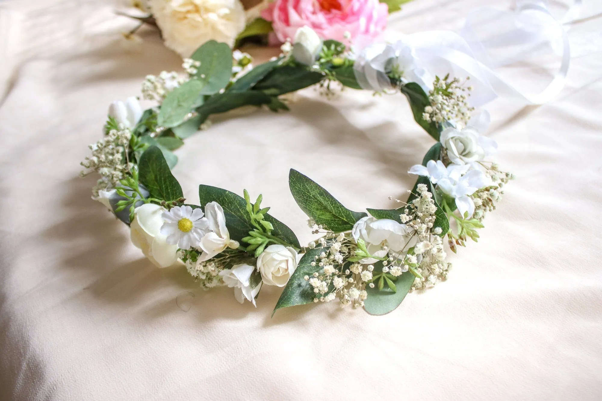 Dried Baby's Breath, Silk Daisy and Eucalyptus Wedding Crown with small white roses