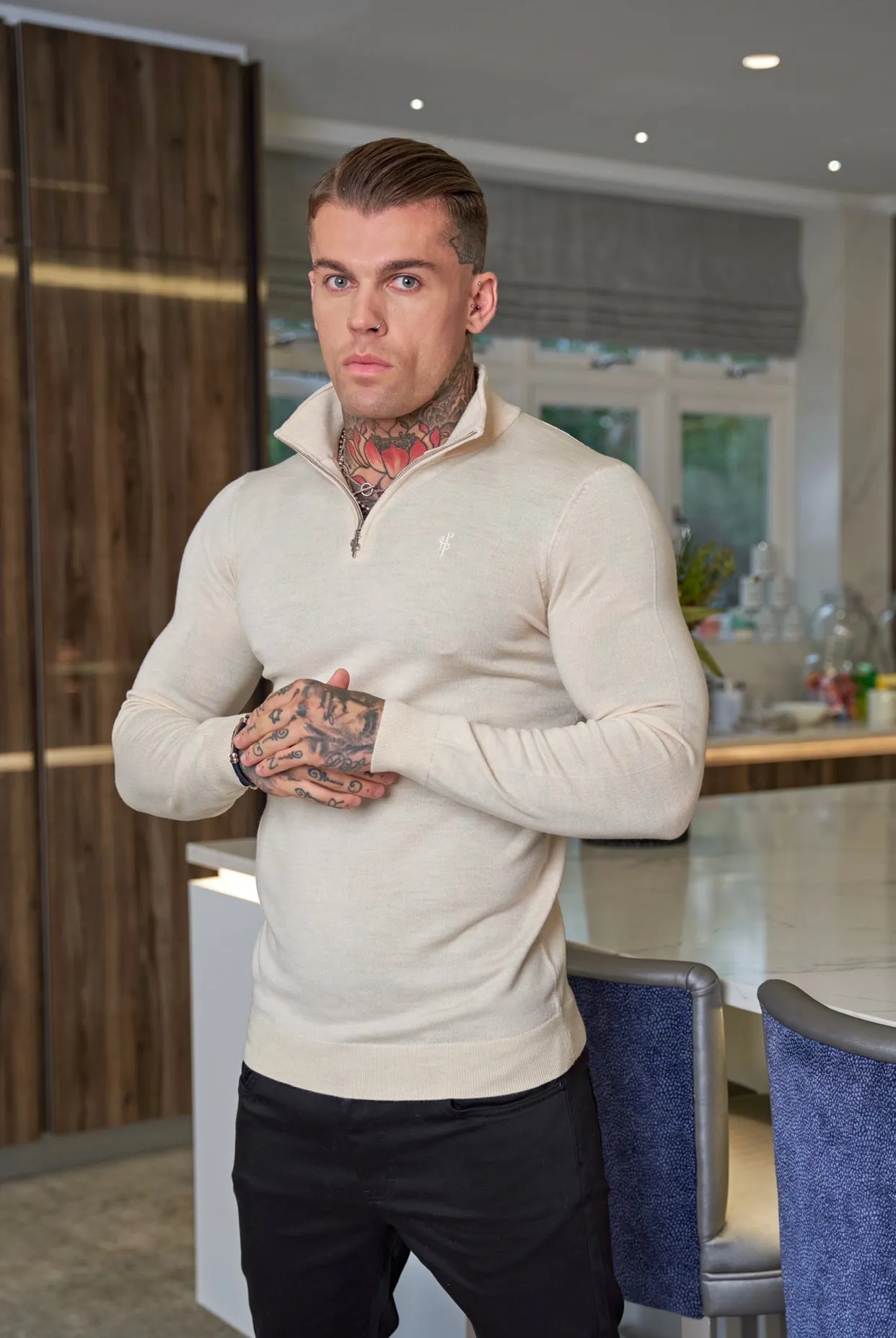 Father Sons Classic Beige Merino Wool Knitted Funnel Neck Zip Long Sleeve Jumper With FS Embroidery- FSN006