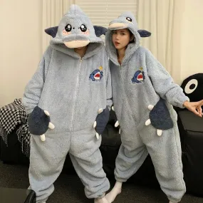 Getadme Kigurumis Shark Sleepwear Women Men Pajamas Onesie Winter Thicken Pyjama Jumpsuit Kawaii Zipper Funny Cute Couples One-piece