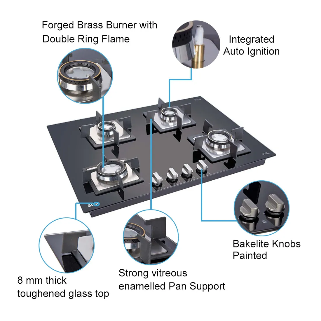 Glen 4/Burner BW Black Glass Hob Top 70