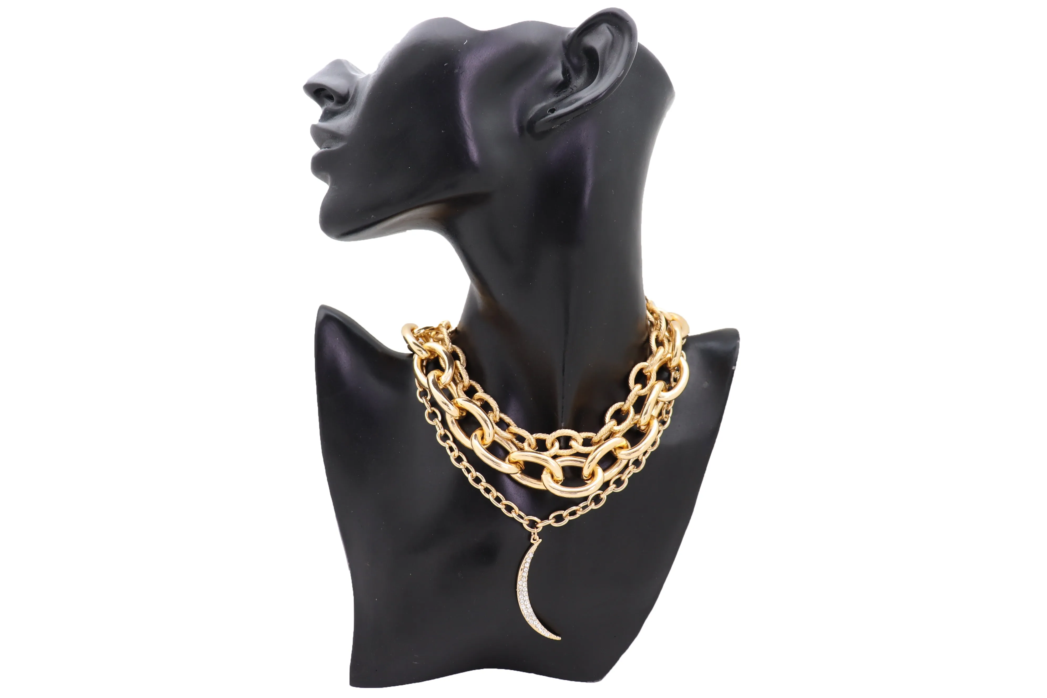 Gold Metal Chain Strand Bulky Bib Choker Short Necklace Moon Charm Bling Style