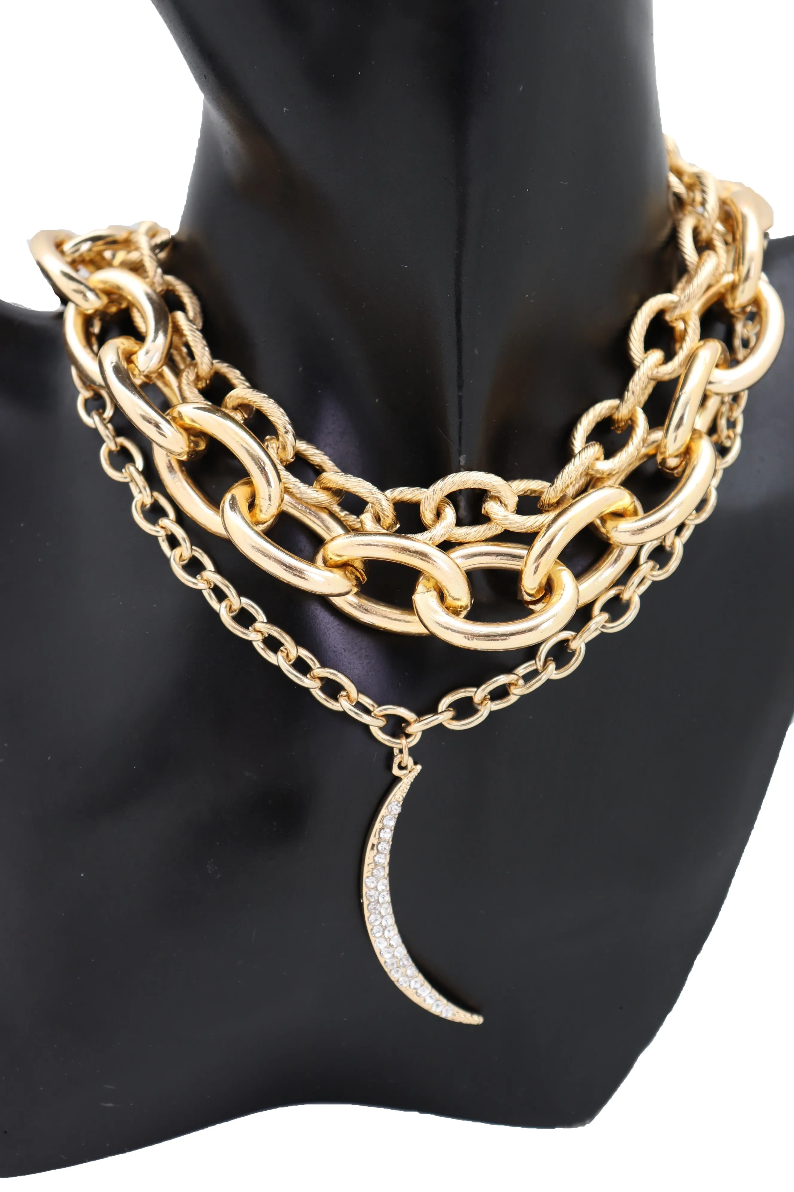 Gold Metal Chain Strand Bulky Bib Choker Short Necklace Moon Charm Bling Style