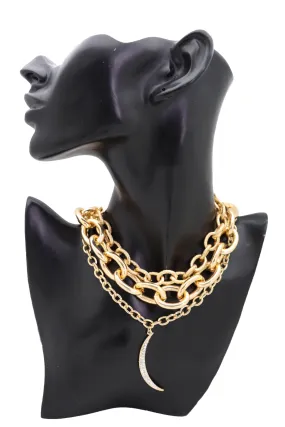 Gold Metal Chain Strand Bulky Bib Choker Short Necklace Moon Charm Bling Style