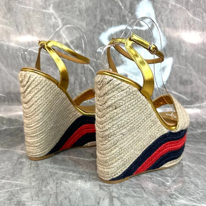 Gold Platform Wedges Sandals Woman Open Toe Hemp Weave High Heels Lady Wedding Shoes