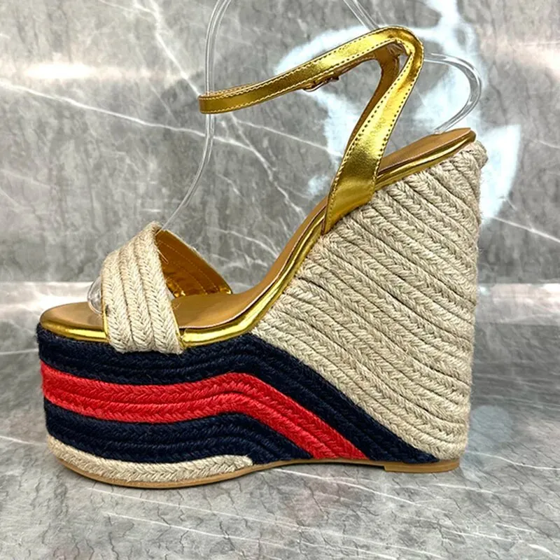 Gold Platform Wedges Sandals Woman Open Toe Hemp Weave High Heels Lady Wedding Shoes