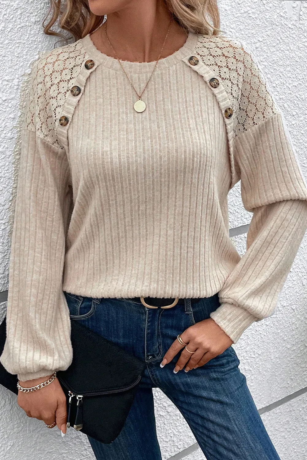 Gray Contrast Lace Raglan Sleeve Buttoned Ribbed Top