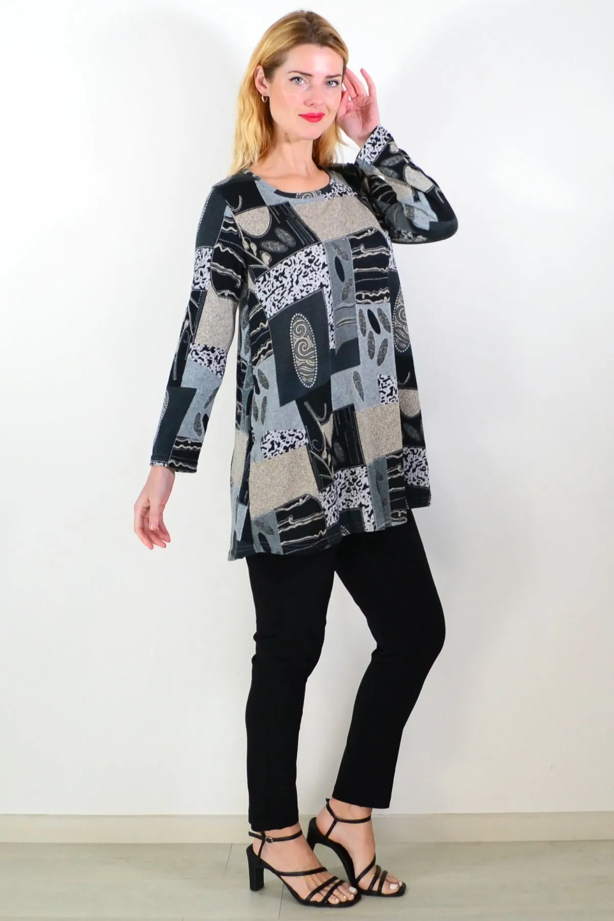 Grey Abstract Print Fleece Tunic Top