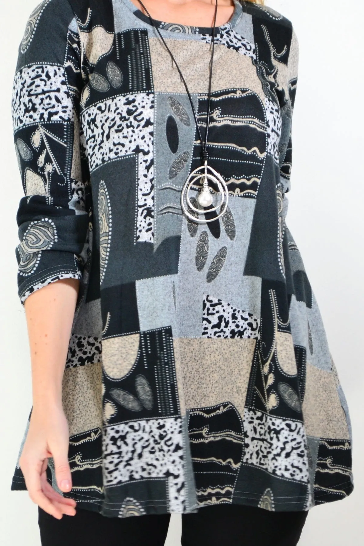 Grey Abstract Print Fleece Tunic Top