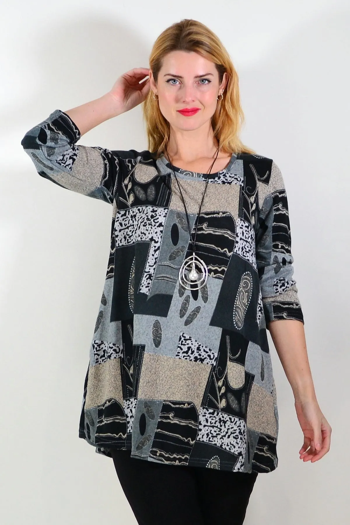 Grey Abstract Print Fleece Tunic Top