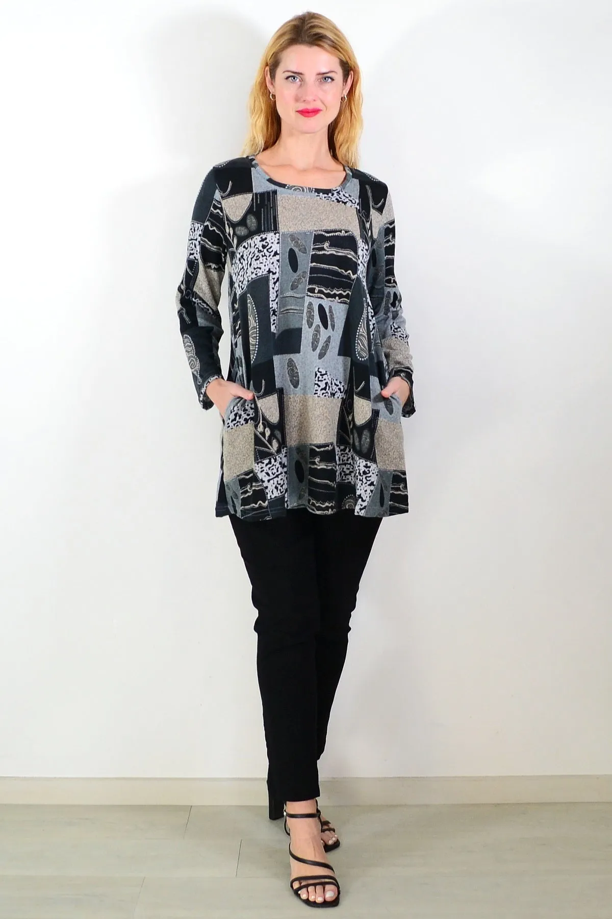 Grey Abstract Print Fleece Tunic Top