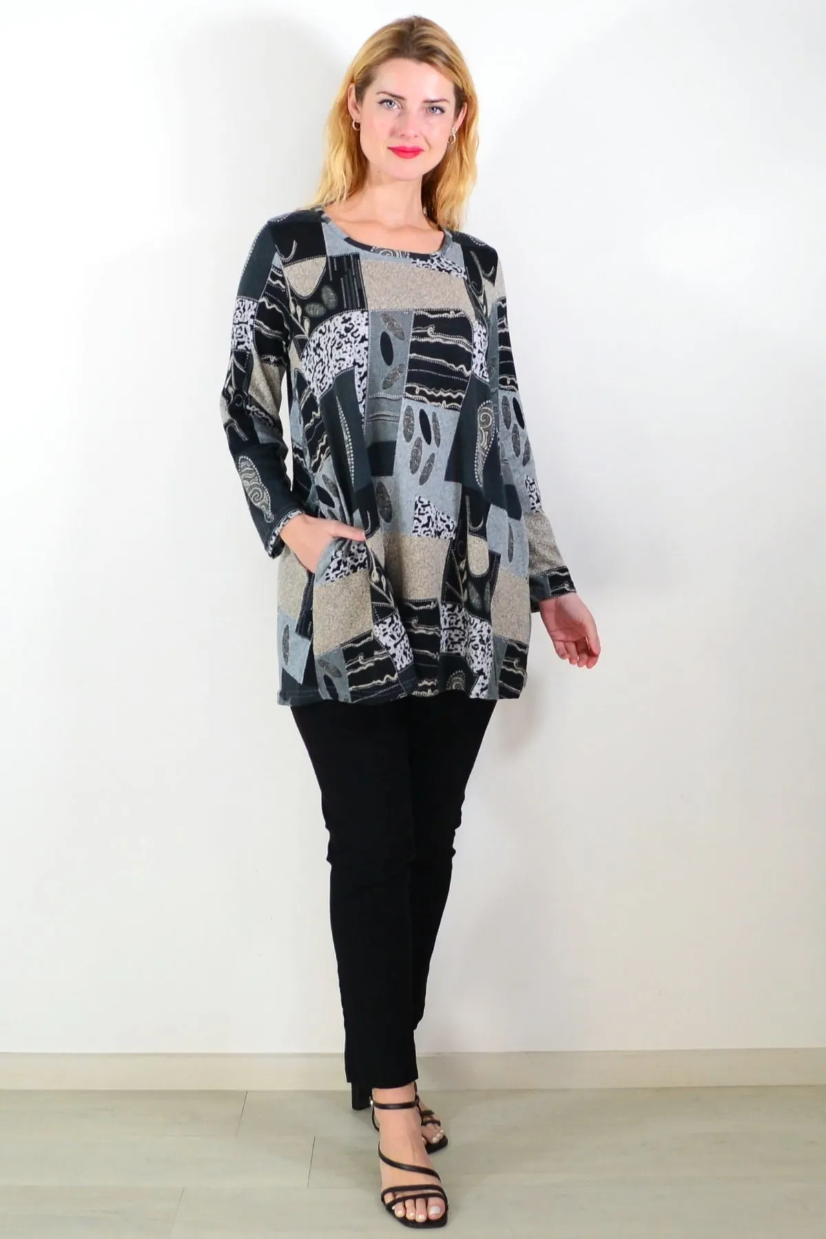 Grey Abstract Print Fleece Tunic Top