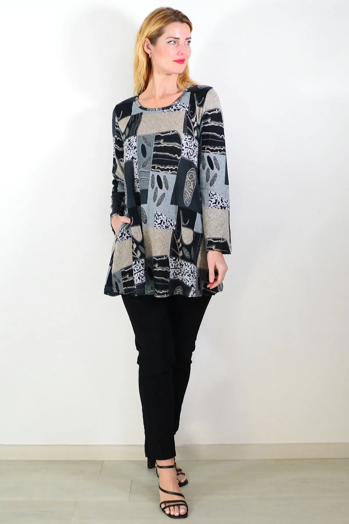 Grey Abstract Print Fleece Tunic Top