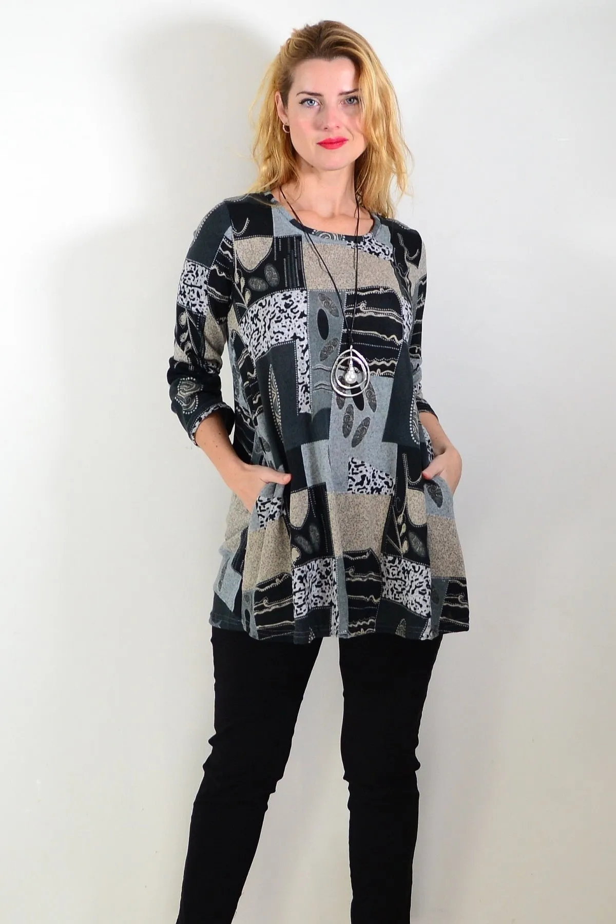 Grey Abstract Print Fleece Tunic Top