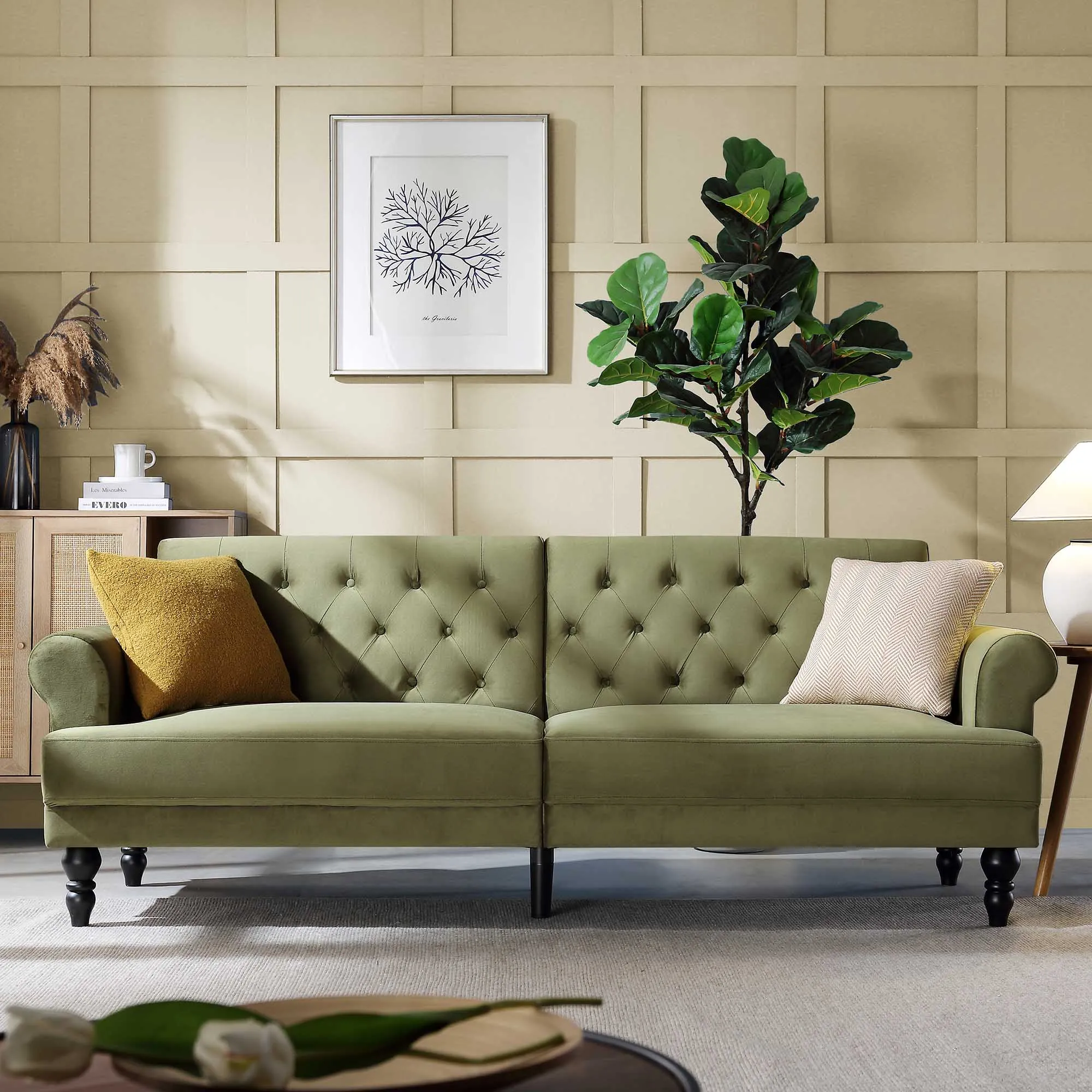 Hanney 3-Seater Chesterfield Sofabed in Moss Green Velvet